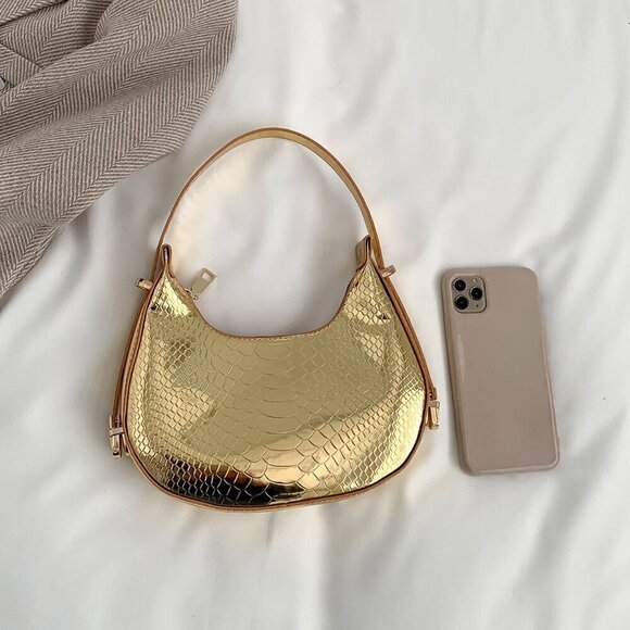 Gold Elegant Women's Metallic Embossed Hobo Bag Solid Color Shoulder Bag - Picture 3 of 4